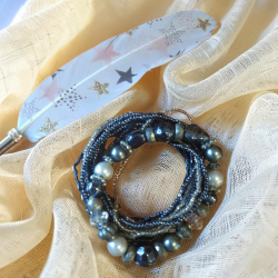 CONJUNTO DE PULSERAS NEGRO Y GRIS CON PERLAS